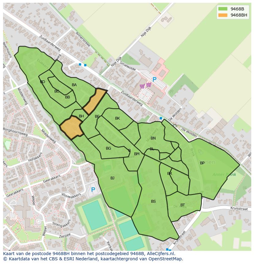 Afbeelding van het postcodegebied 9468 BH op de kaart.