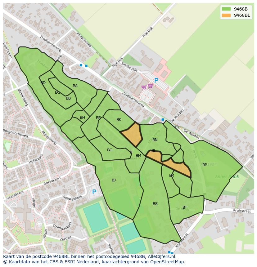 Afbeelding van het postcodegebied 9468 BL op de kaart.