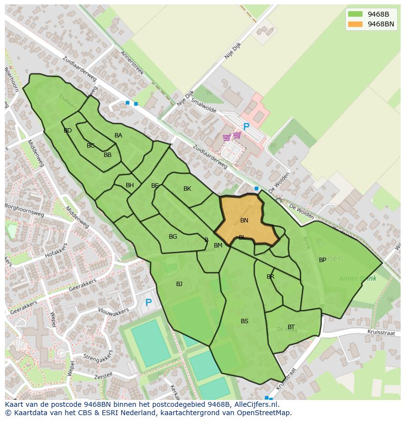 Afbeelding van het postcodegebied 9468 BN op de kaart.