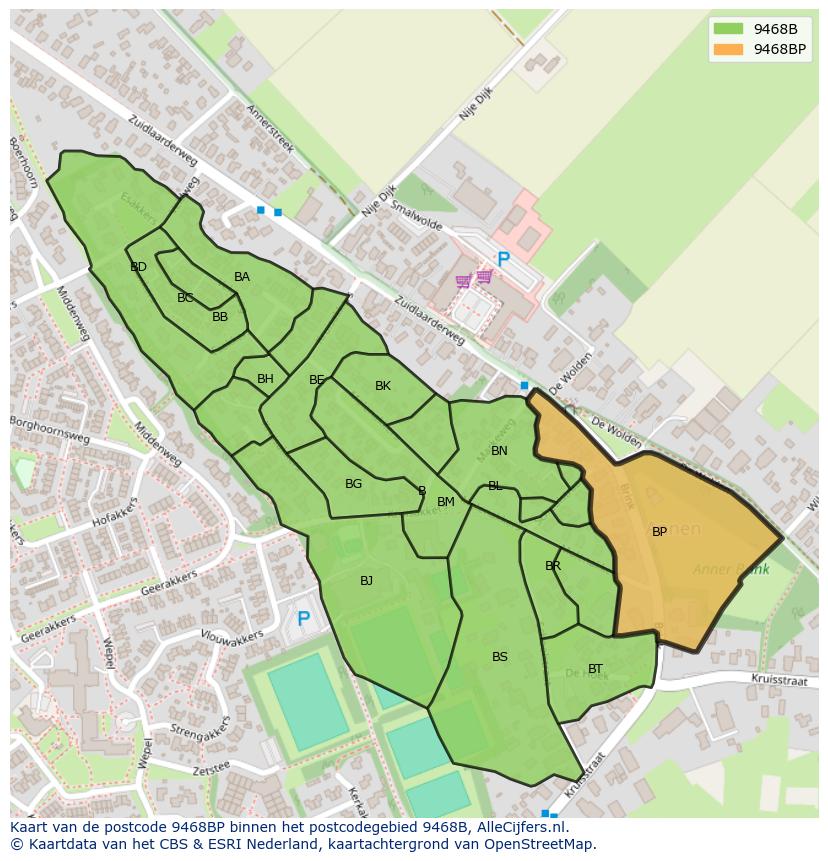 Afbeelding van het postcodegebied 9468 BP op de kaart.