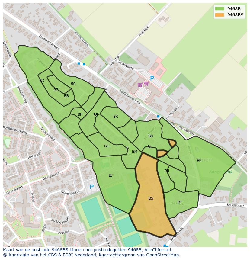 Afbeelding van het postcodegebied 9468 BS op de kaart.