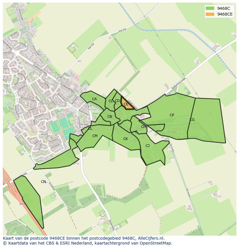 Afbeelding van het postcodegebied 9468 CE op de kaart.