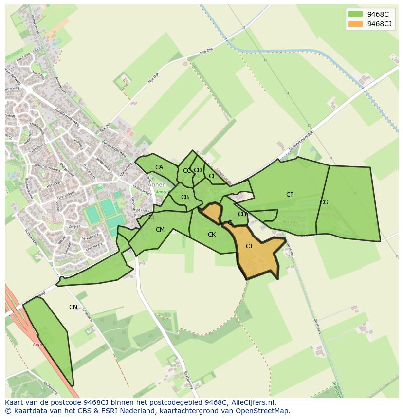 Afbeelding van het postcodegebied 9468 CJ op de kaart.
