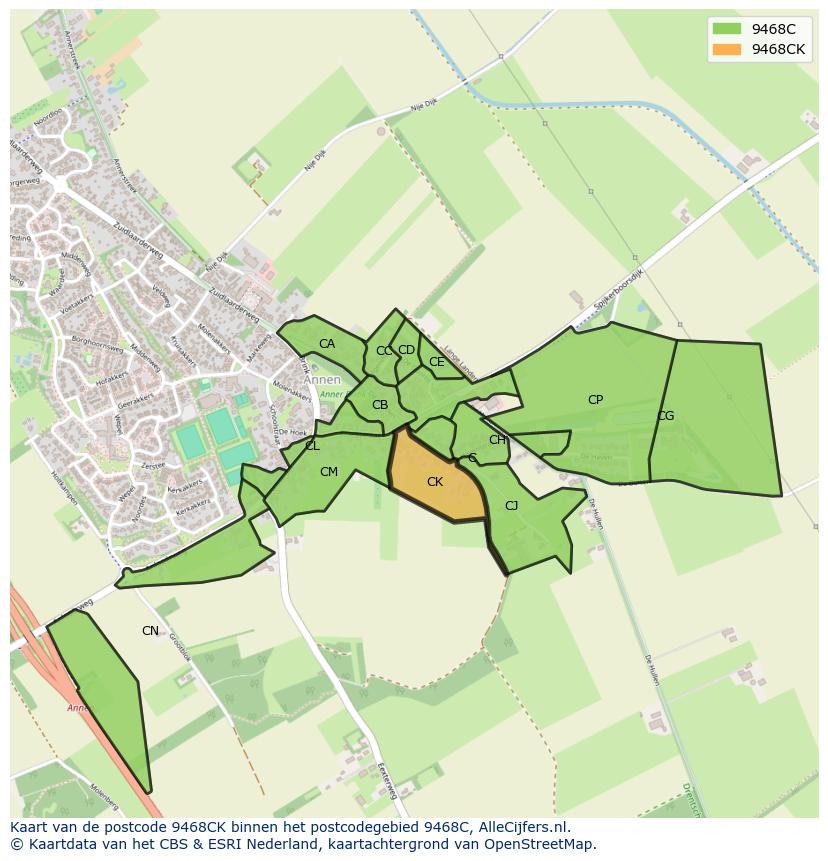 Afbeelding van het postcodegebied 9468 CK op de kaart.
