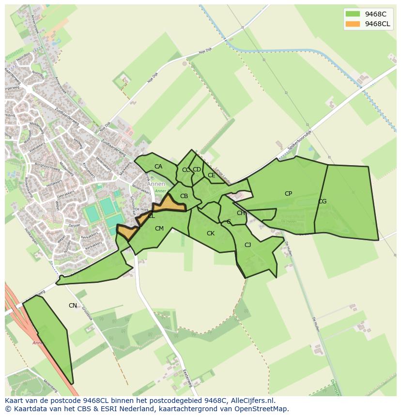 Afbeelding van het postcodegebied 9468 CL op de kaart.