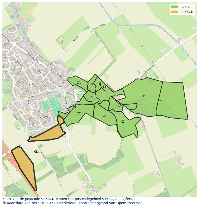Afbeelding van het postcodegebied 9468 CN op de kaart.