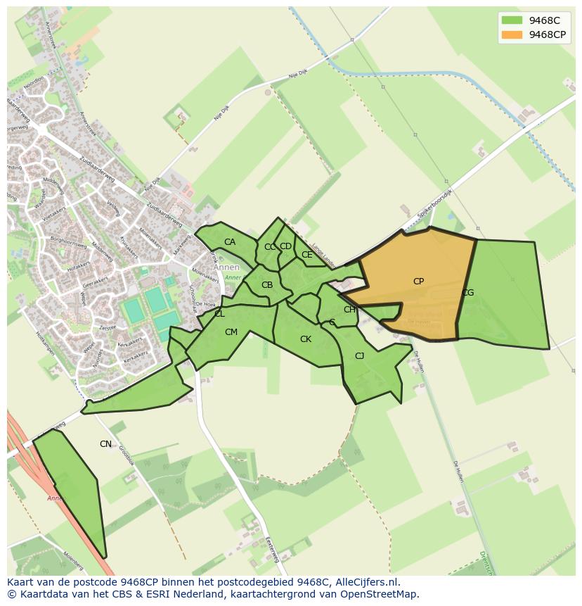 Afbeelding van het postcodegebied 9468 CP op de kaart.