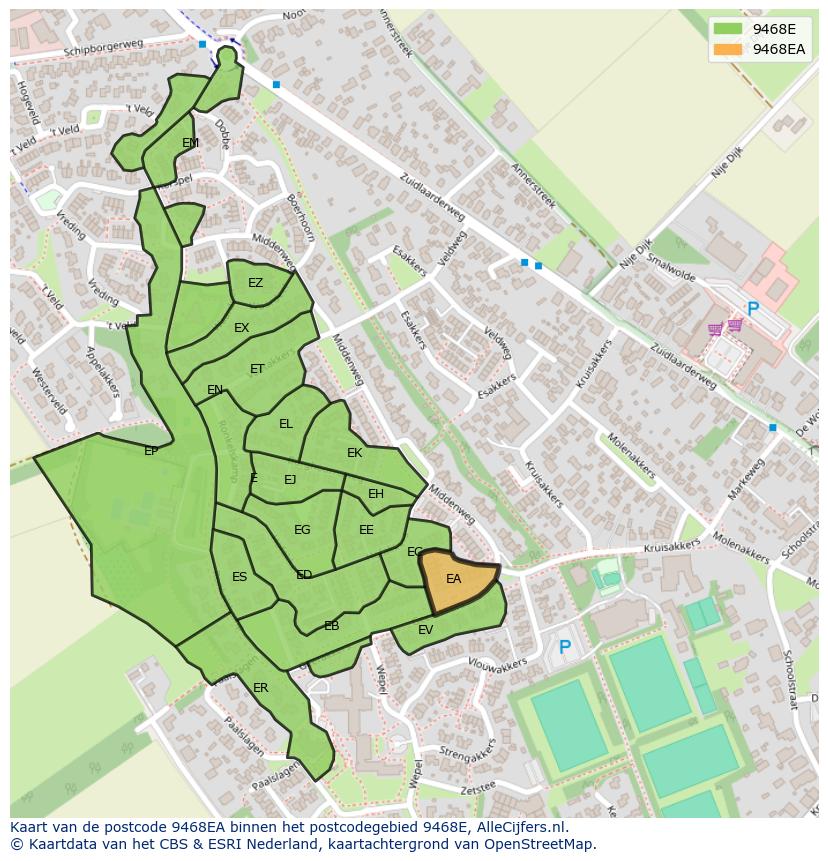 Afbeelding van het postcodegebied 9468 EA op de kaart.