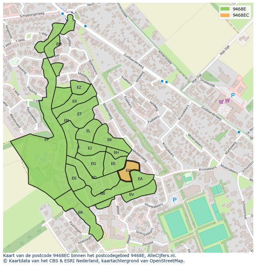 Afbeelding van het postcodegebied 9468 EC op de kaart.