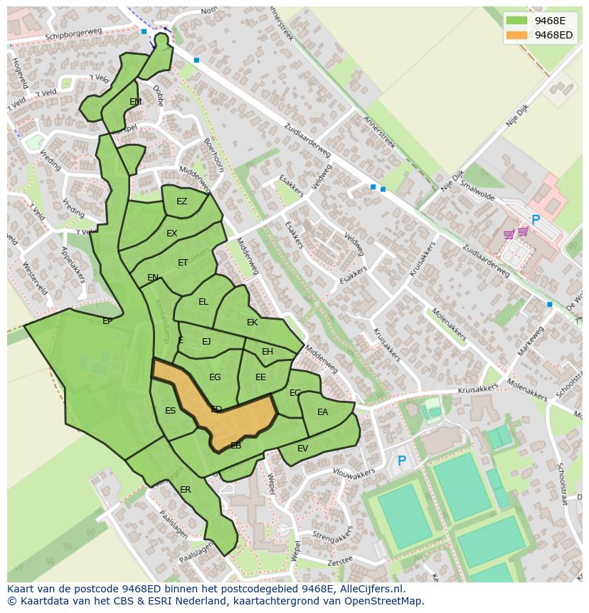 Afbeelding van het postcodegebied 9468 ED op de kaart.