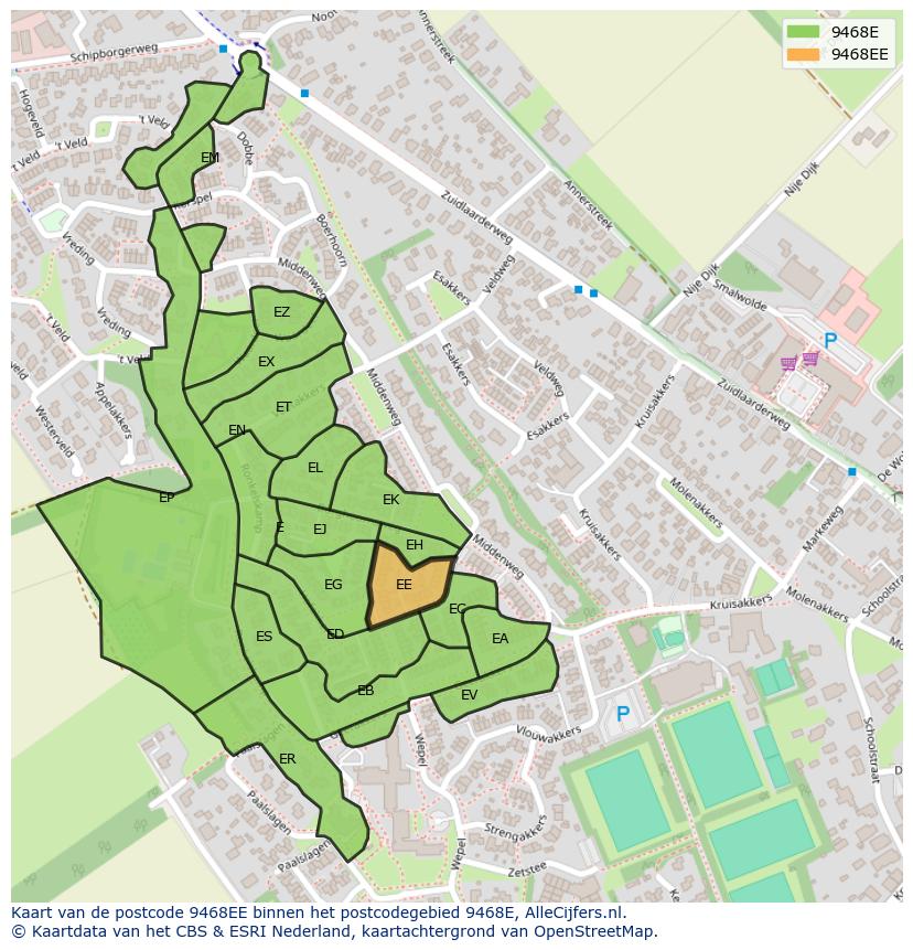 Afbeelding van het postcodegebied 9468 EE op de kaart.