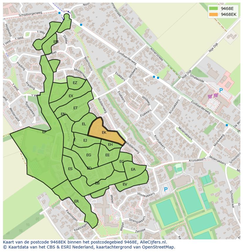 Afbeelding van het postcodegebied 9468 EK op de kaart.