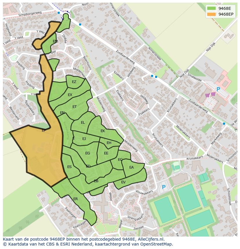 Afbeelding van het postcodegebied 9468 EP op de kaart.