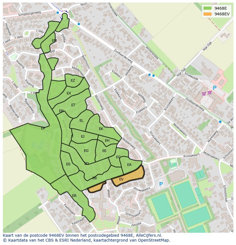 Afbeelding van het postcodegebied 9468 EV op de kaart.