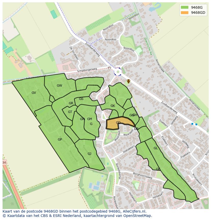 Afbeelding van het postcodegebied 9468 GD op de kaart.