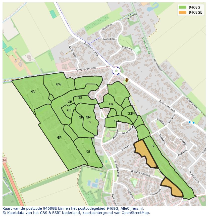 Afbeelding van het postcodegebied 9468 GE op de kaart.