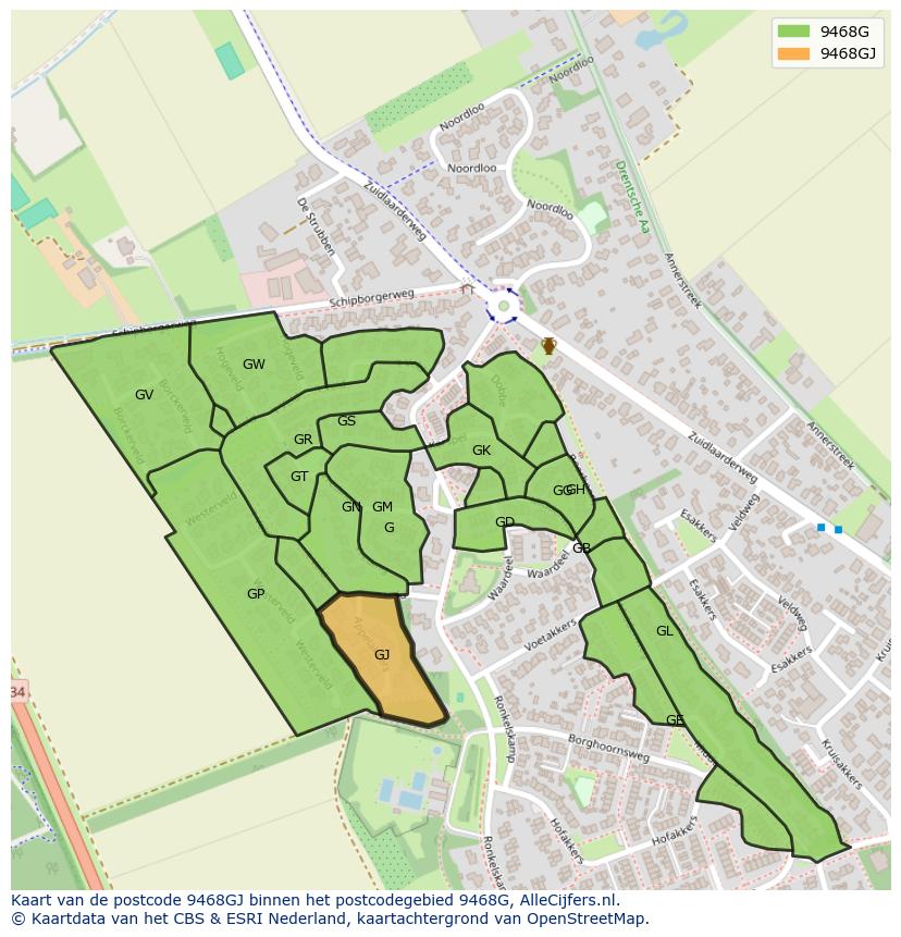 Afbeelding van het postcodegebied 9468 GJ op de kaart.