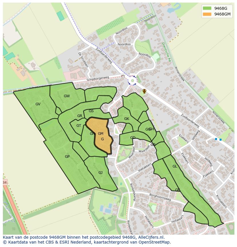 Afbeelding van het postcodegebied 9468 GM op de kaart.