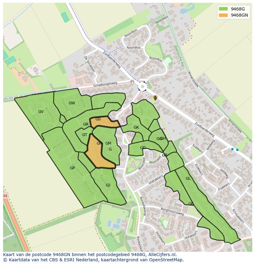 Afbeelding van het postcodegebied 9468 GN op de kaart.
