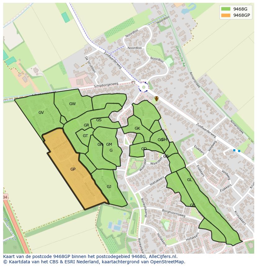 Afbeelding van het postcodegebied 9468 GP op de kaart.