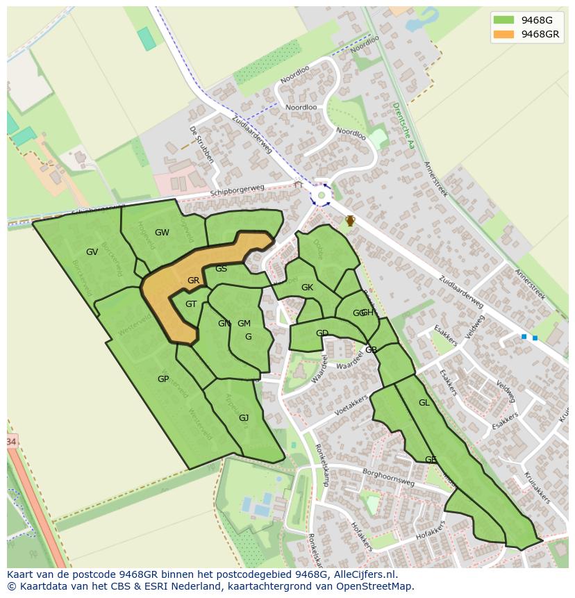 Afbeelding van het postcodegebied 9468 GR op de kaart.