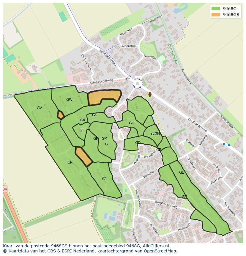 Afbeelding van het postcodegebied 9468 GS op de kaart.