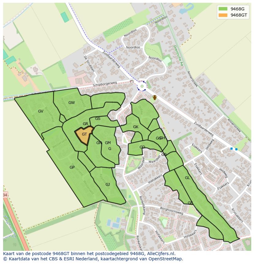 Afbeelding van het postcodegebied 9468 GT op de kaart.
