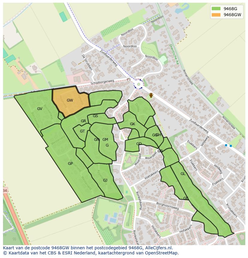 Afbeelding van het postcodegebied 9468 GW op de kaart.