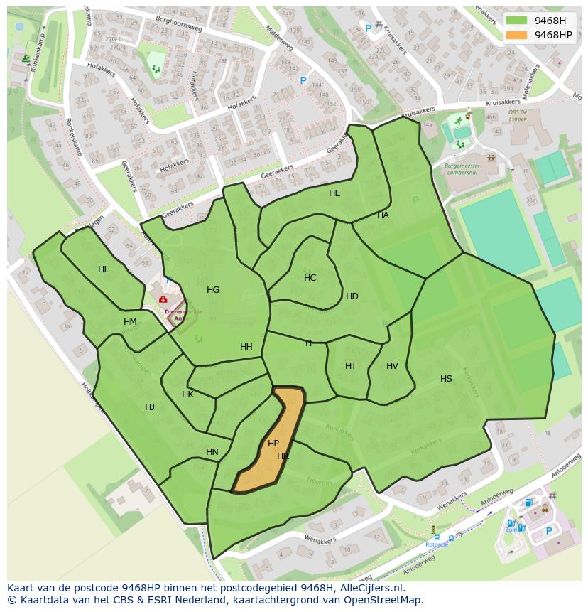 Afbeelding van het postcodegebied 9468 HP op de kaart.