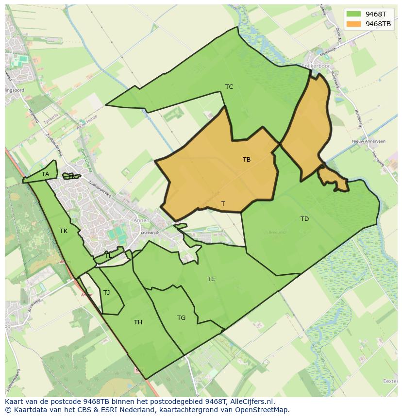 Afbeelding van het postcodegebied 9468 TB op de kaart.