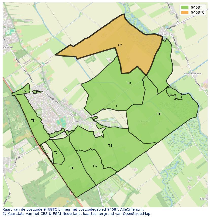 Afbeelding van het postcodegebied 9468 TC op de kaart.