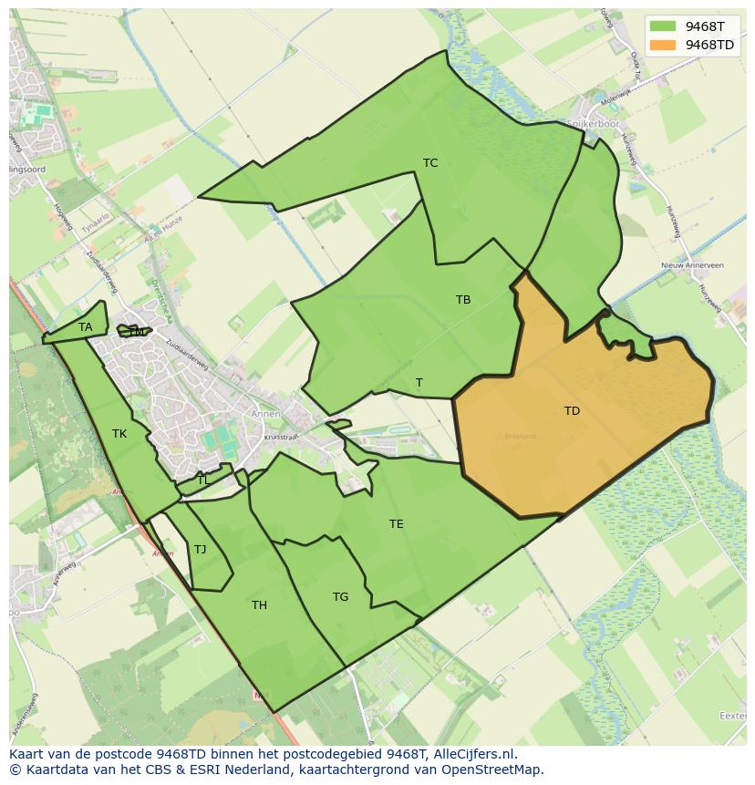 Afbeelding van het postcodegebied 9468 TD op de kaart.