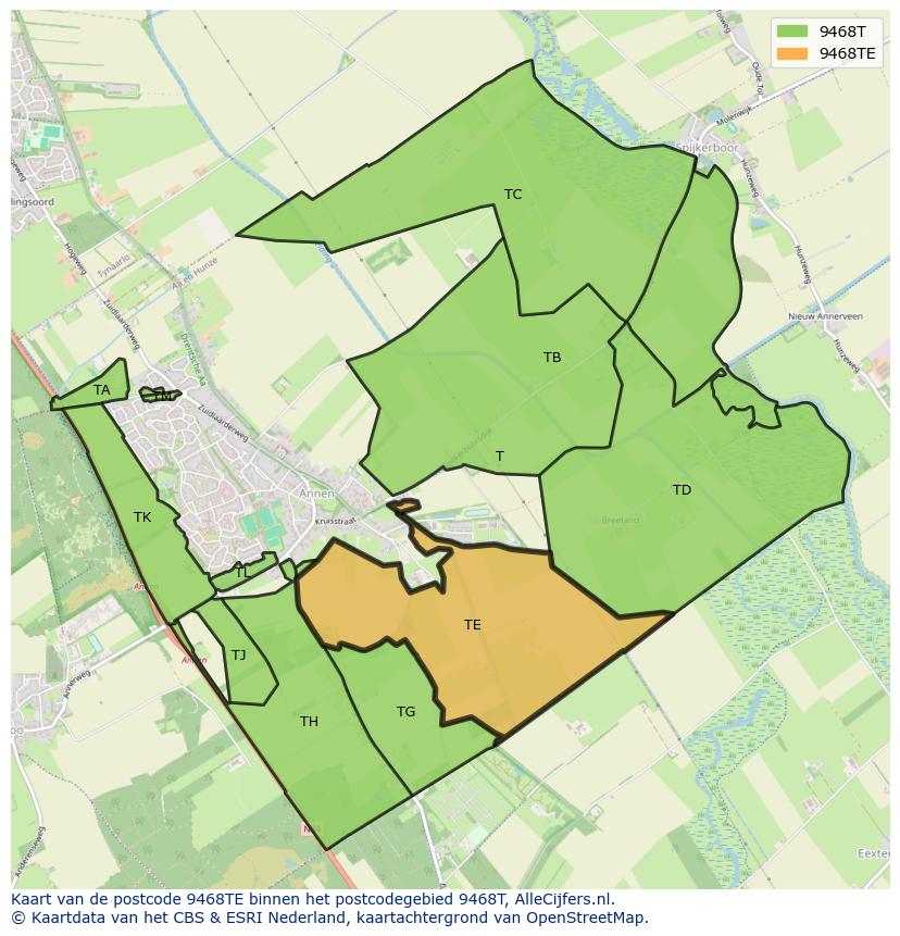 Afbeelding van het postcodegebied 9468 TE op de kaart.