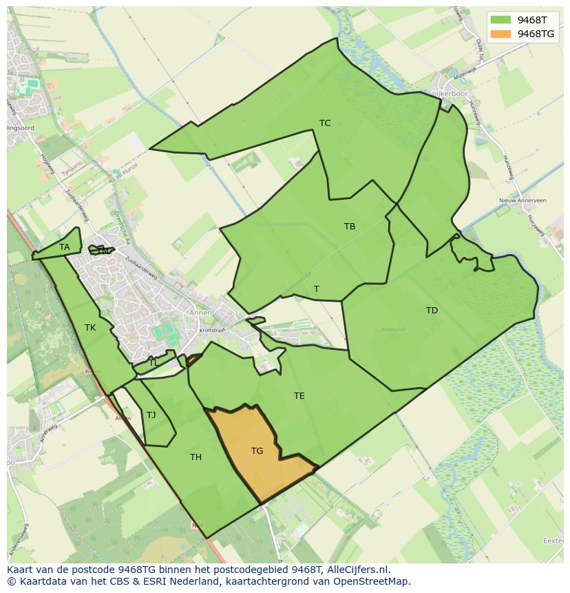 Afbeelding van het postcodegebied 9468 TG op de kaart.