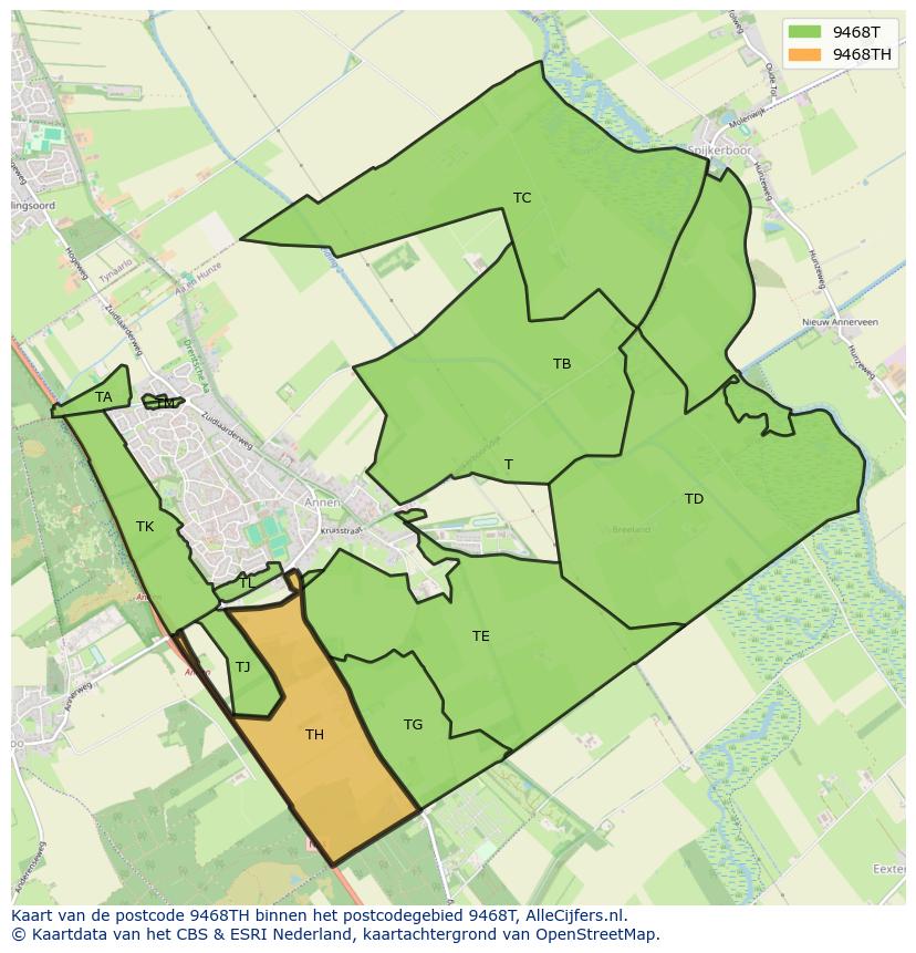 Afbeelding van het postcodegebied 9468 TH op de kaart.