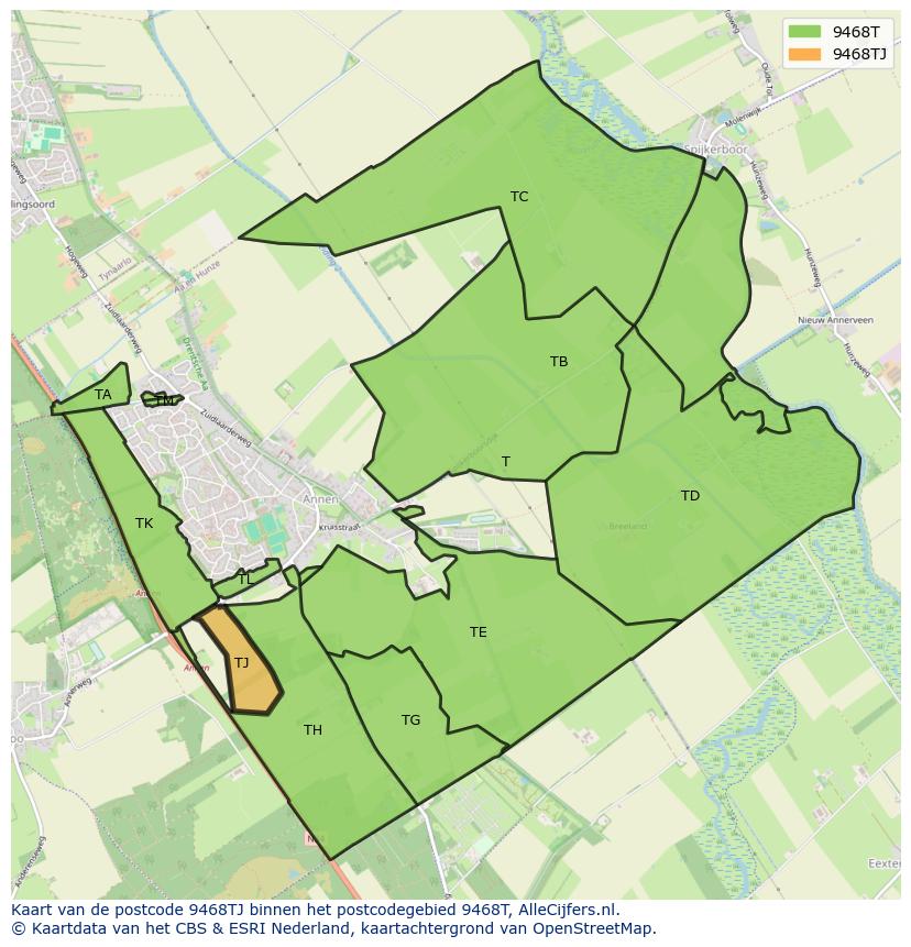 Afbeelding van het postcodegebied 9468 TJ op de kaart.