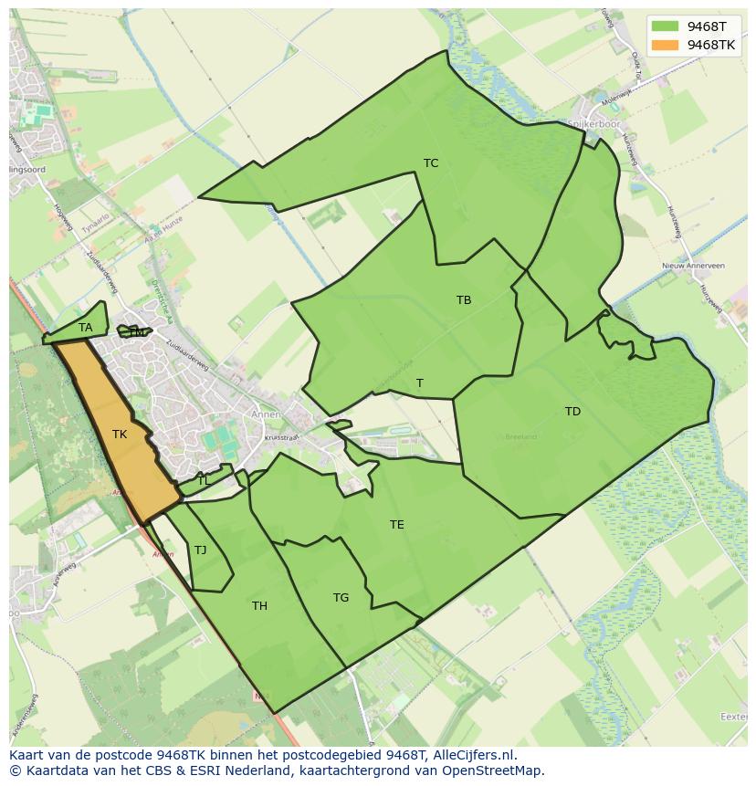 Afbeelding van het postcodegebied 9468 TK op de kaart.