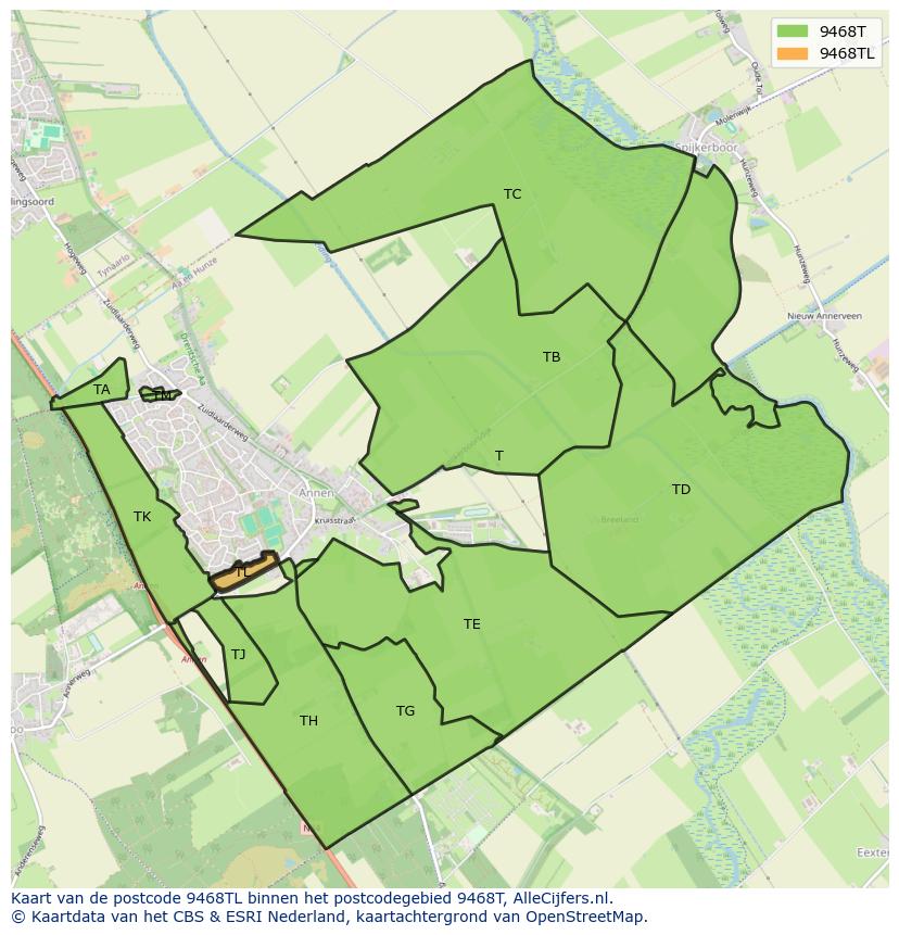 Afbeelding van het postcodegebied 9468 TL op de kaart.