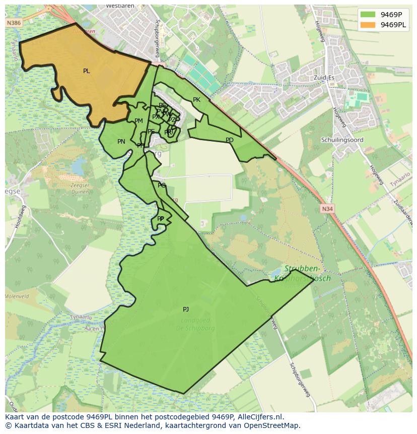 Afbeelding van het postcodegebied 9469 PL op de kaart.