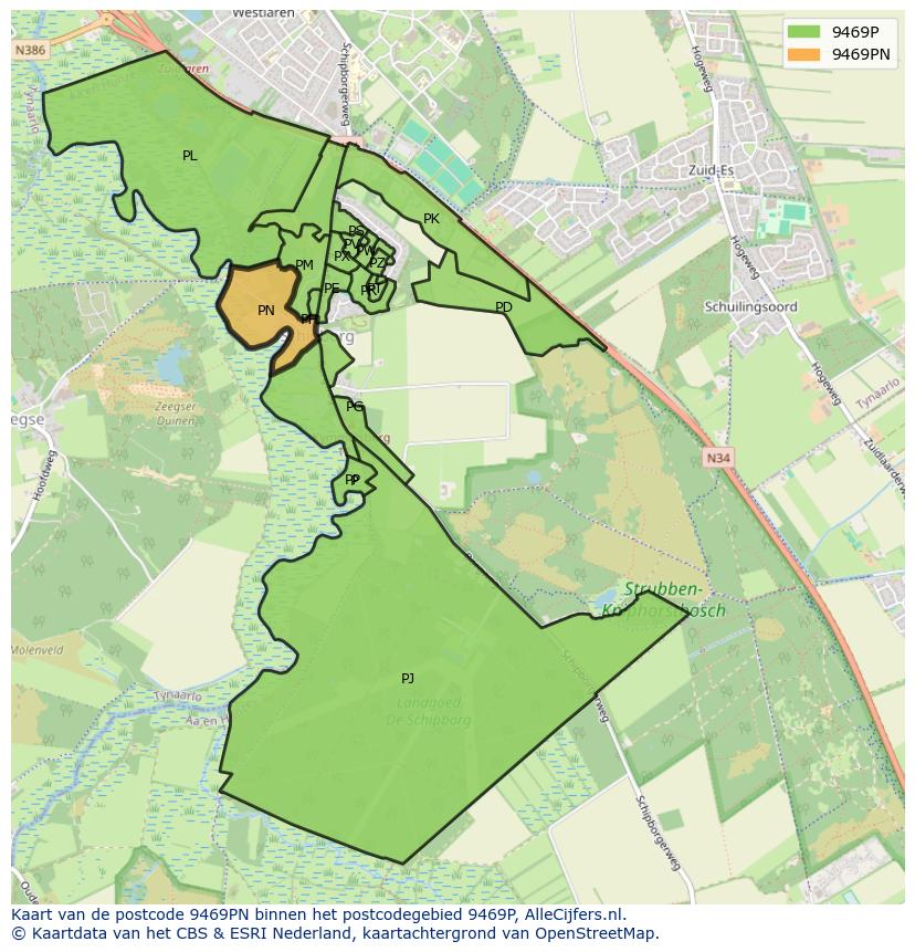 Afbeelding van het postcodegebied 9469 PN op de kaart.
