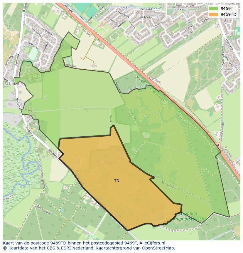 Afbeelding van het postcodegebied 9469 TD op de kaart.