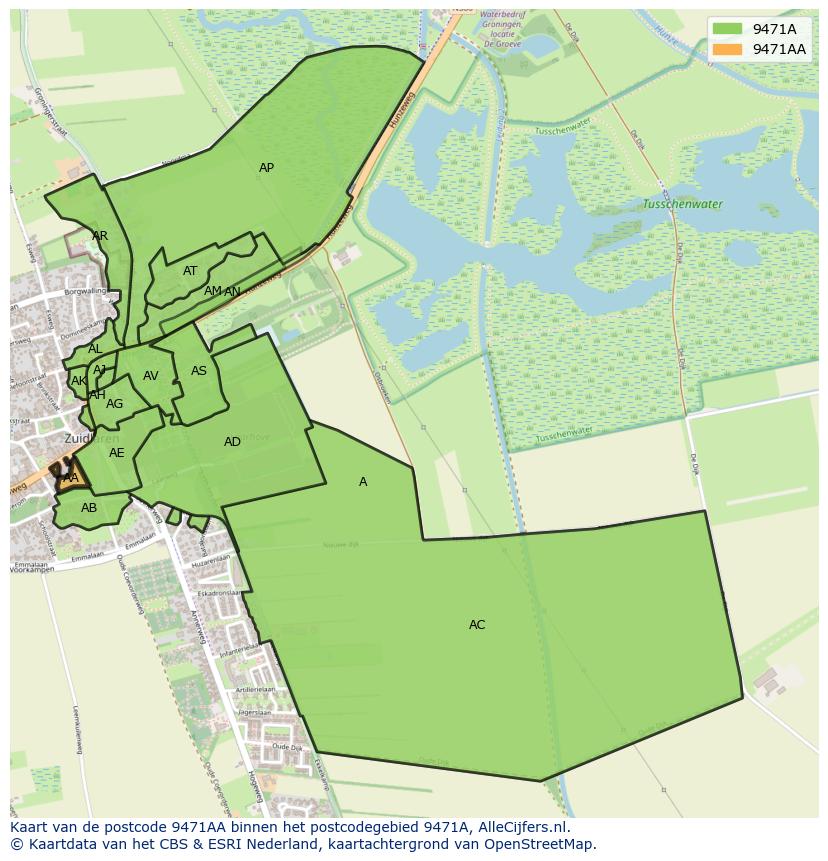 Afbeelding van het postcodegebied 9471 AA op de kaart.