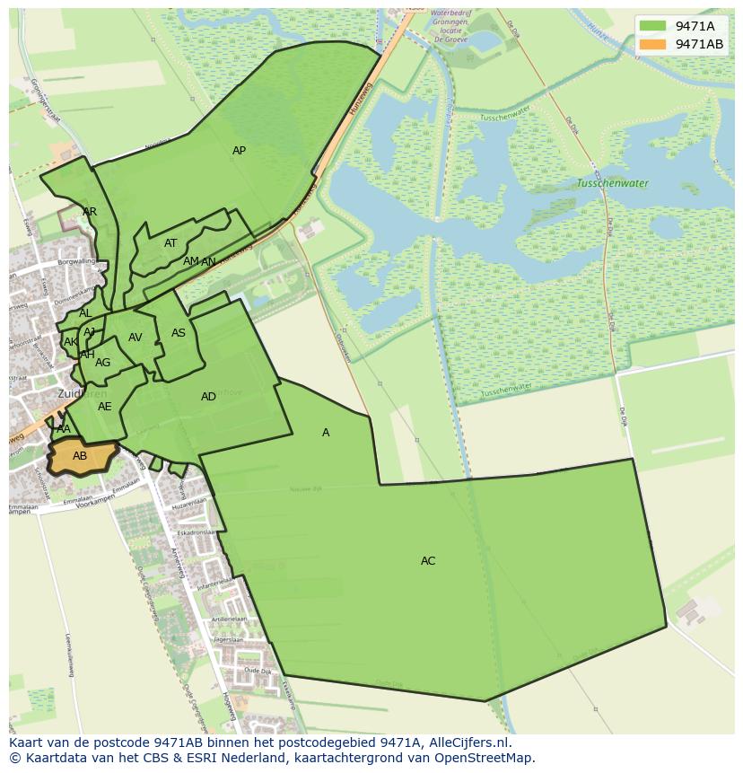 Afbeelding van het postcodegebied 9471 AB op de kaart.