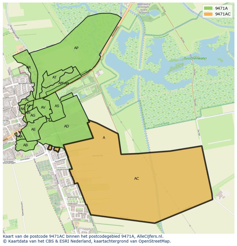Afbeelding van het postcodegebied 9471 AC op de kaart.