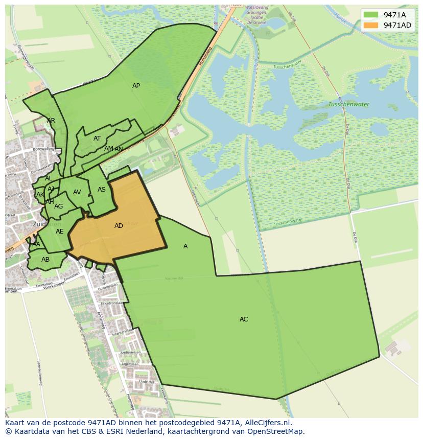 Afbeelding van het postcodegebied 9471 AD op de kaart.