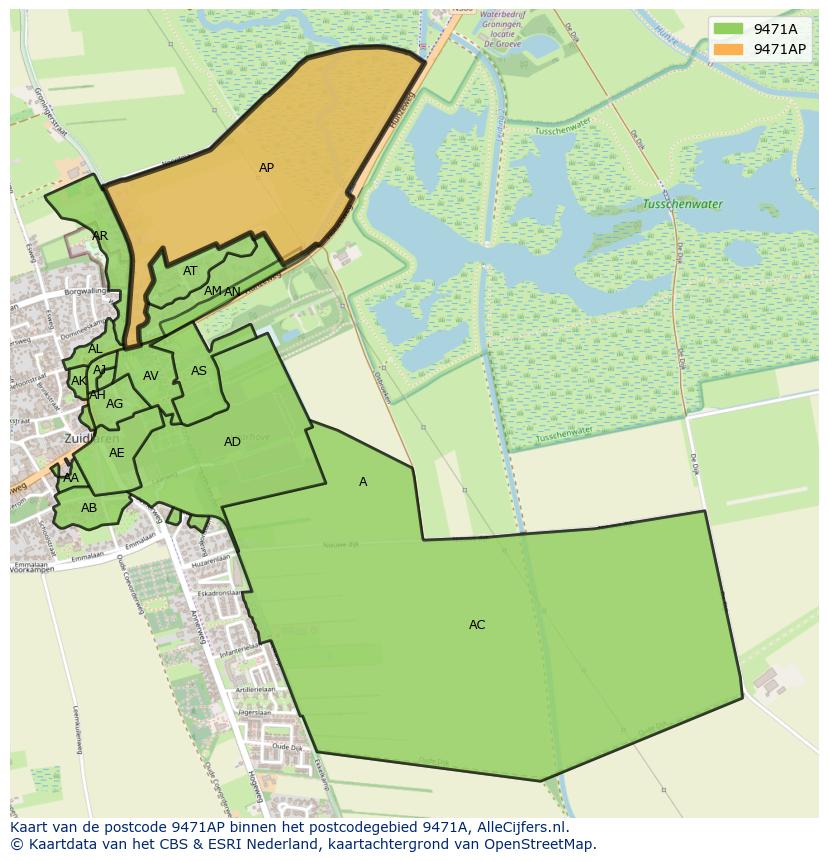 Afbeelding van het postcodegebied 9471 AP op de kaart.