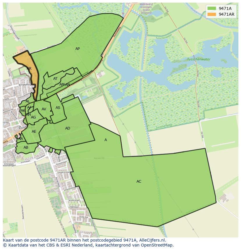 Afbeelding van het postcodegebied 9471 AR op de kaart.