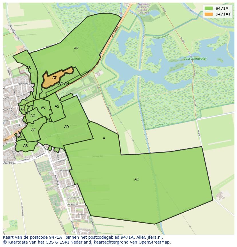 Afbeelding van het postcodegebied 9471 AT op de kaart.