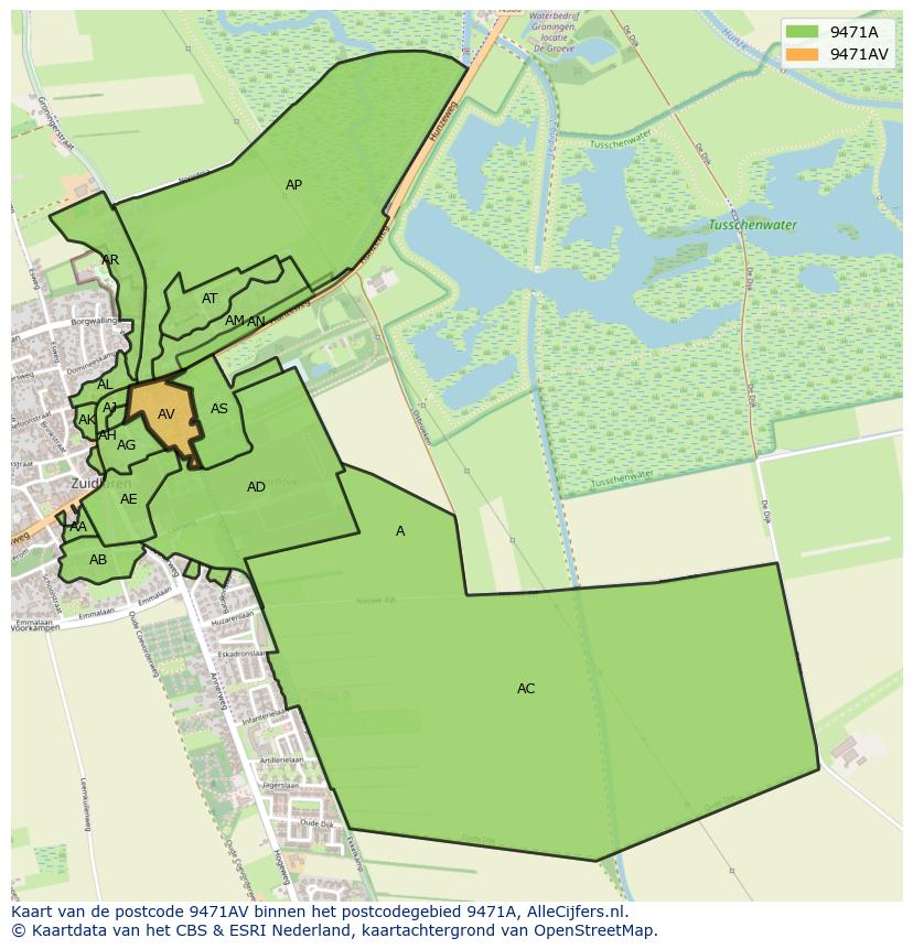 Afbeelding van het postcodegebied 9471 AV op de kaart.