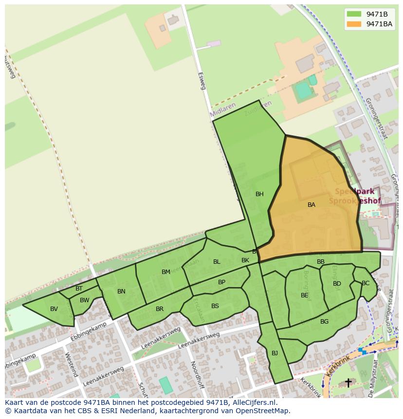 Afbeelding van het postcodegebied 9471 BA op de kaart.